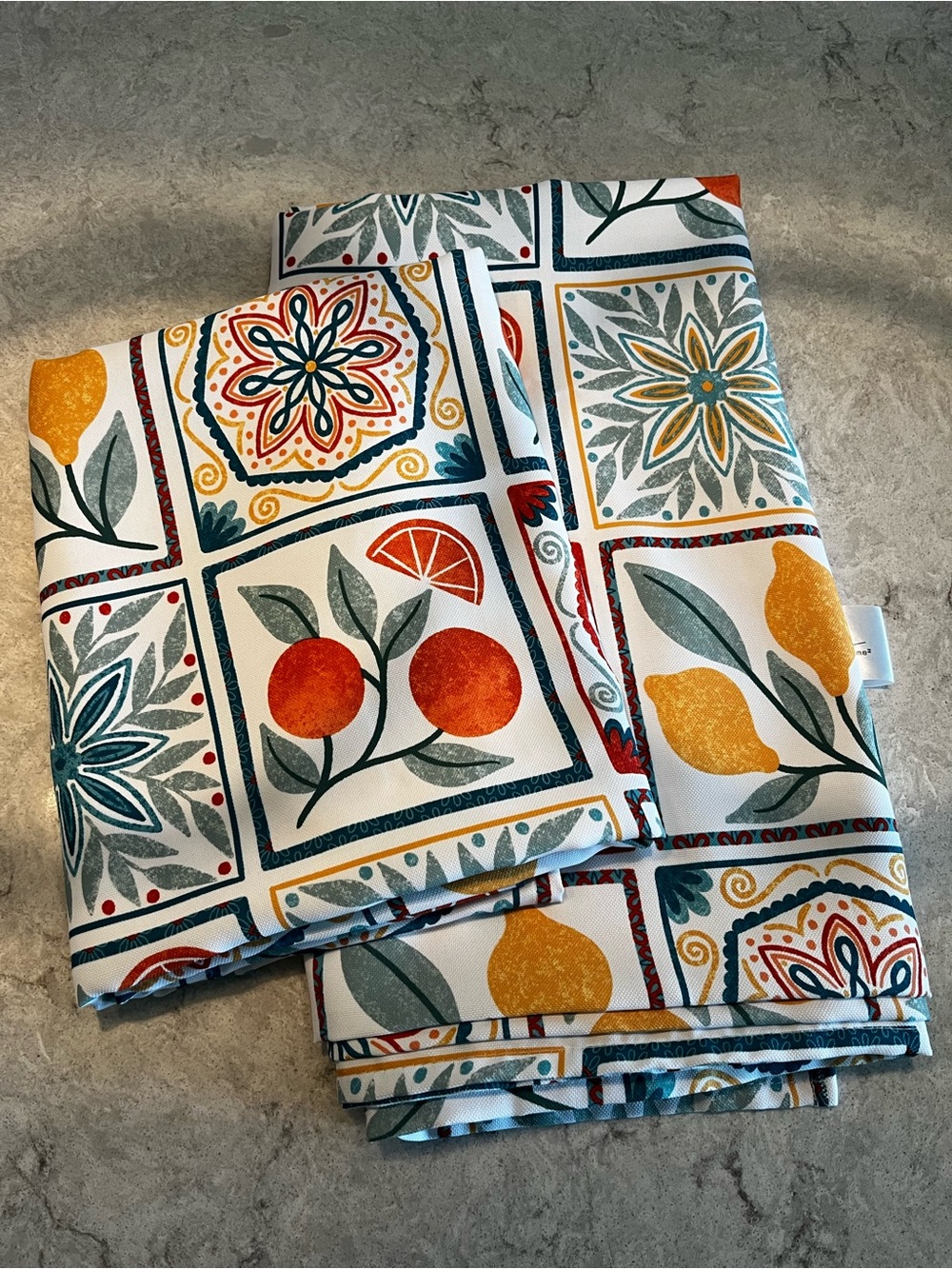 Set of 2 - Citrus Tile Print Table Cloth Towels - White, Orange & Yellow